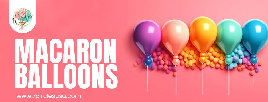Colorful macaron balloons with pom-poms on a pink background, text reads 'Macaron Balloons' and website link.