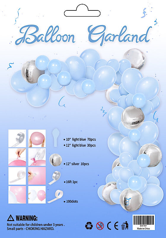 Arch Balloon Garland Baby Blue and Silver