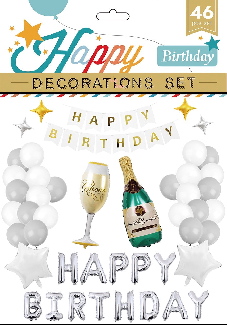 Silver letter balloon decoration kit for birthdays, includes numbers and party props.