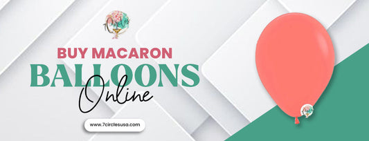 Buy Macaron Balloons Online banner with coral balloon and website link 7circlesusa.com