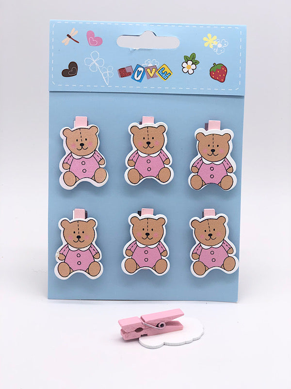 -Pink teddy bear baby shower decoration with clip, perfect for party favors.