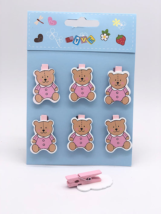 -Pink teddy bear baby shower decoration with clip, perfect for party favors.