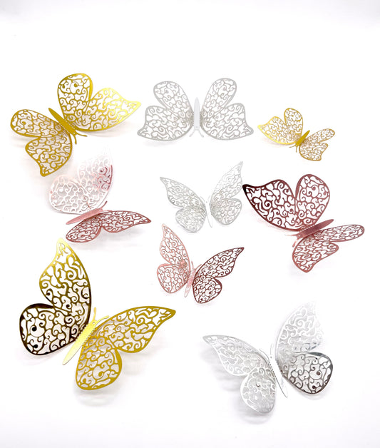 Gold, silver, and rose gold butterfly decorations for cakes and balloons
